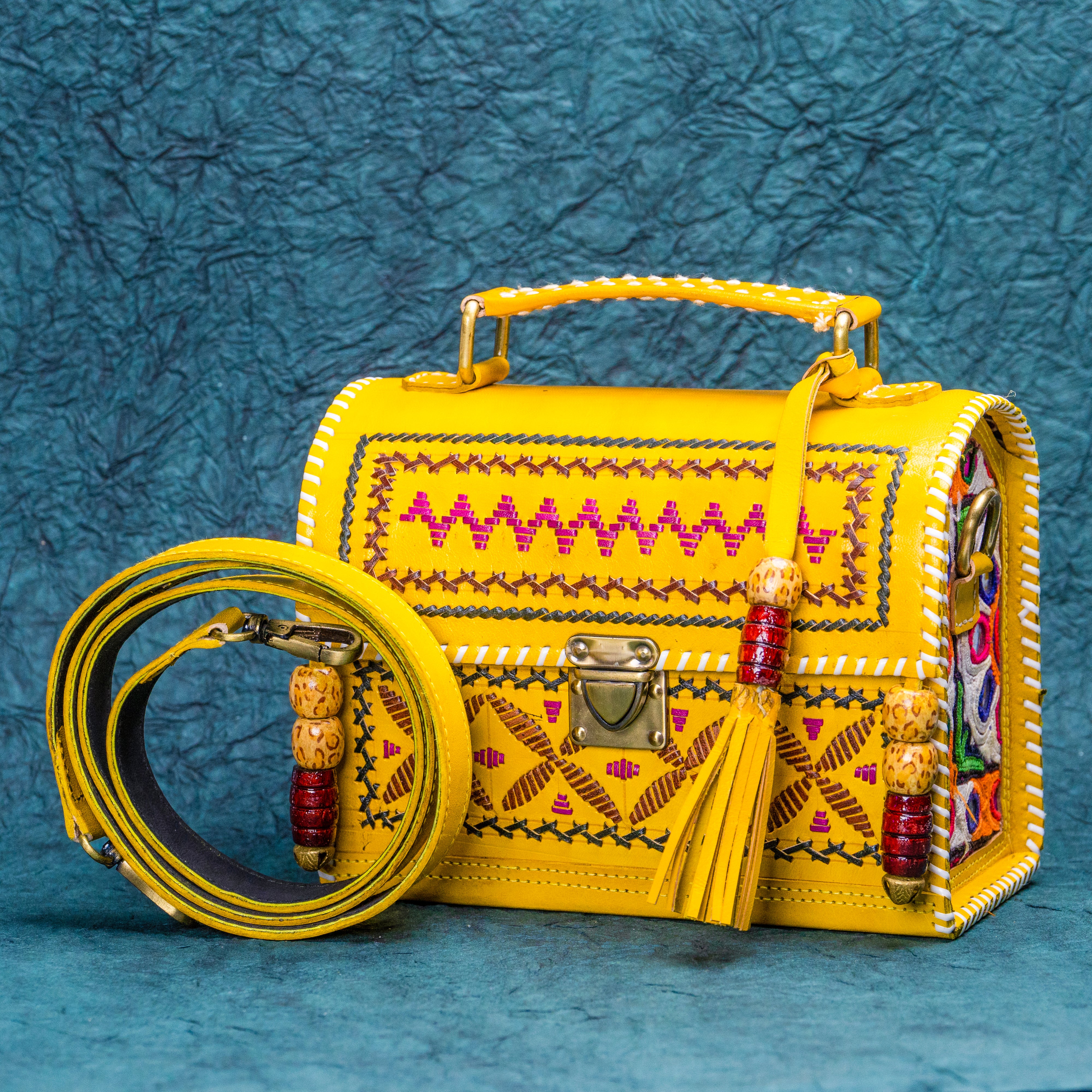 Yellow Zig zag Leather Kucth - sling bag