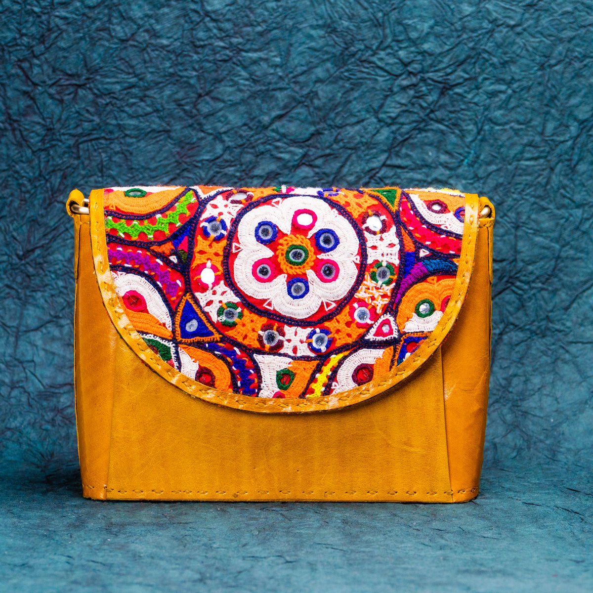 Yellow floral Leather Kucth - sling bag