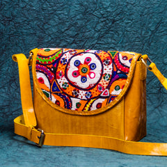 Yellow floral Leather Kucth - sling bag