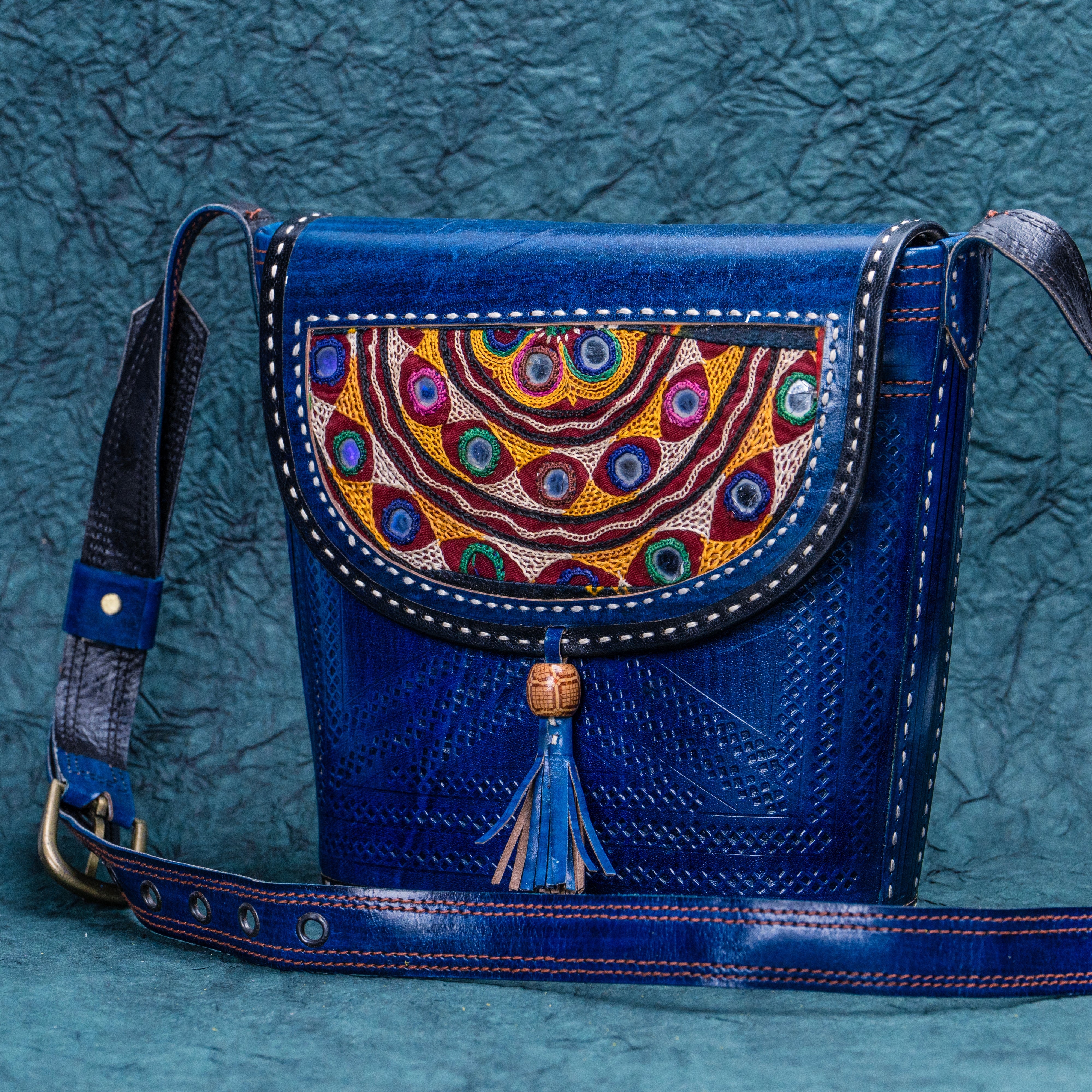 Blue Floral Leather Kucth - sling bag