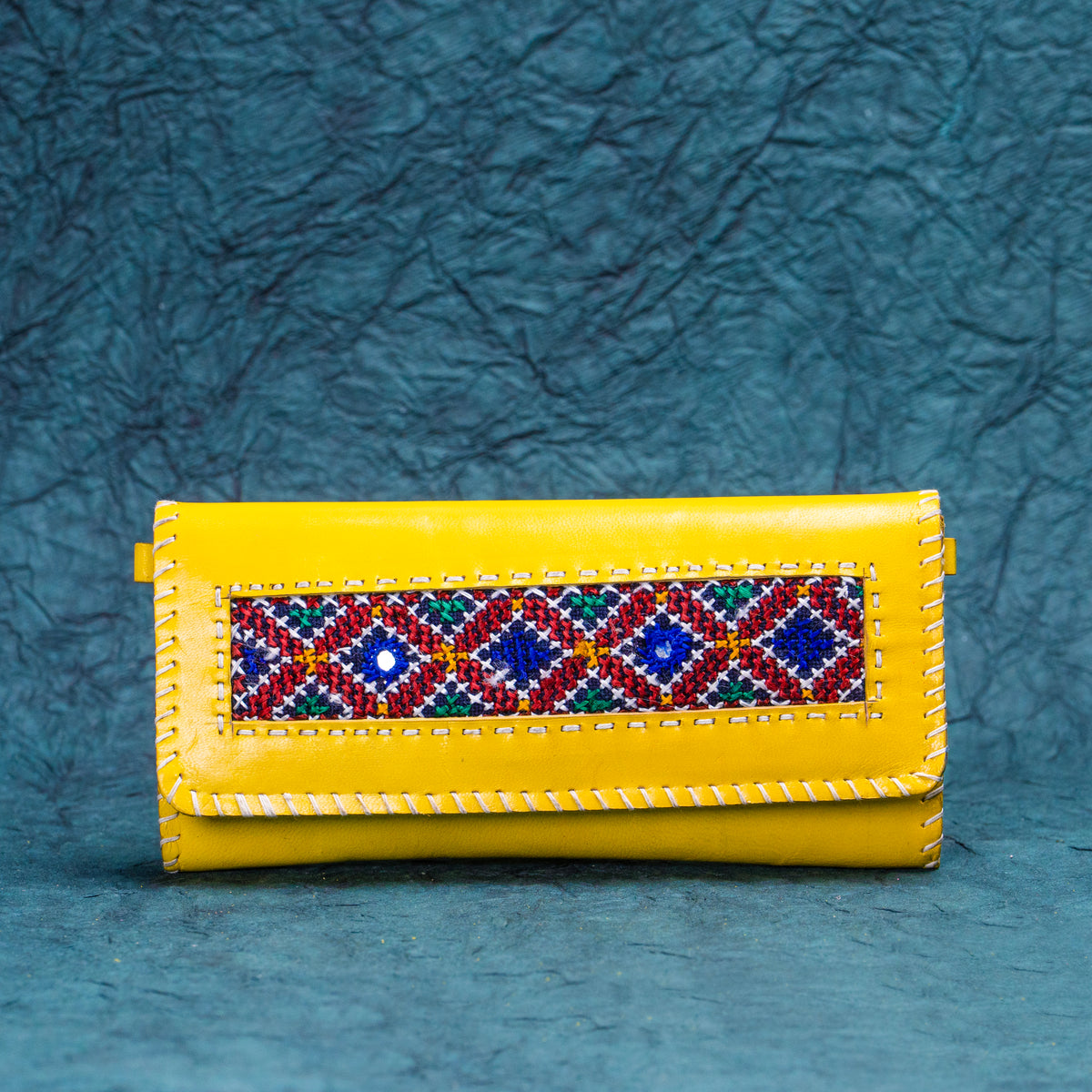 Yellow Blue Leather Kucth - Purse